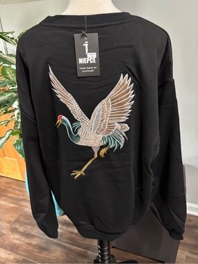 Niepce Japanese Black Embroidered Crane Sweatshirt New